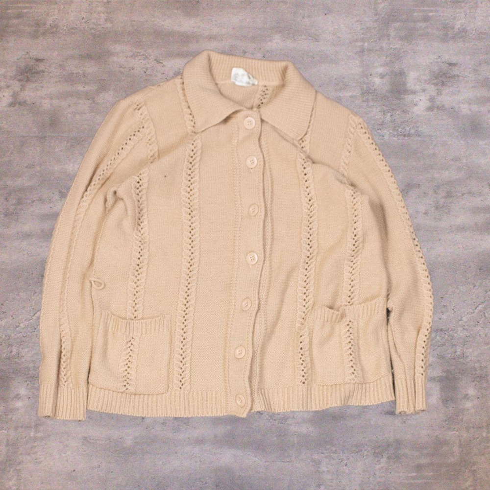 Vintage 80's Cable Knit Collared Fisherman Beige Knit Cardigan Sweater